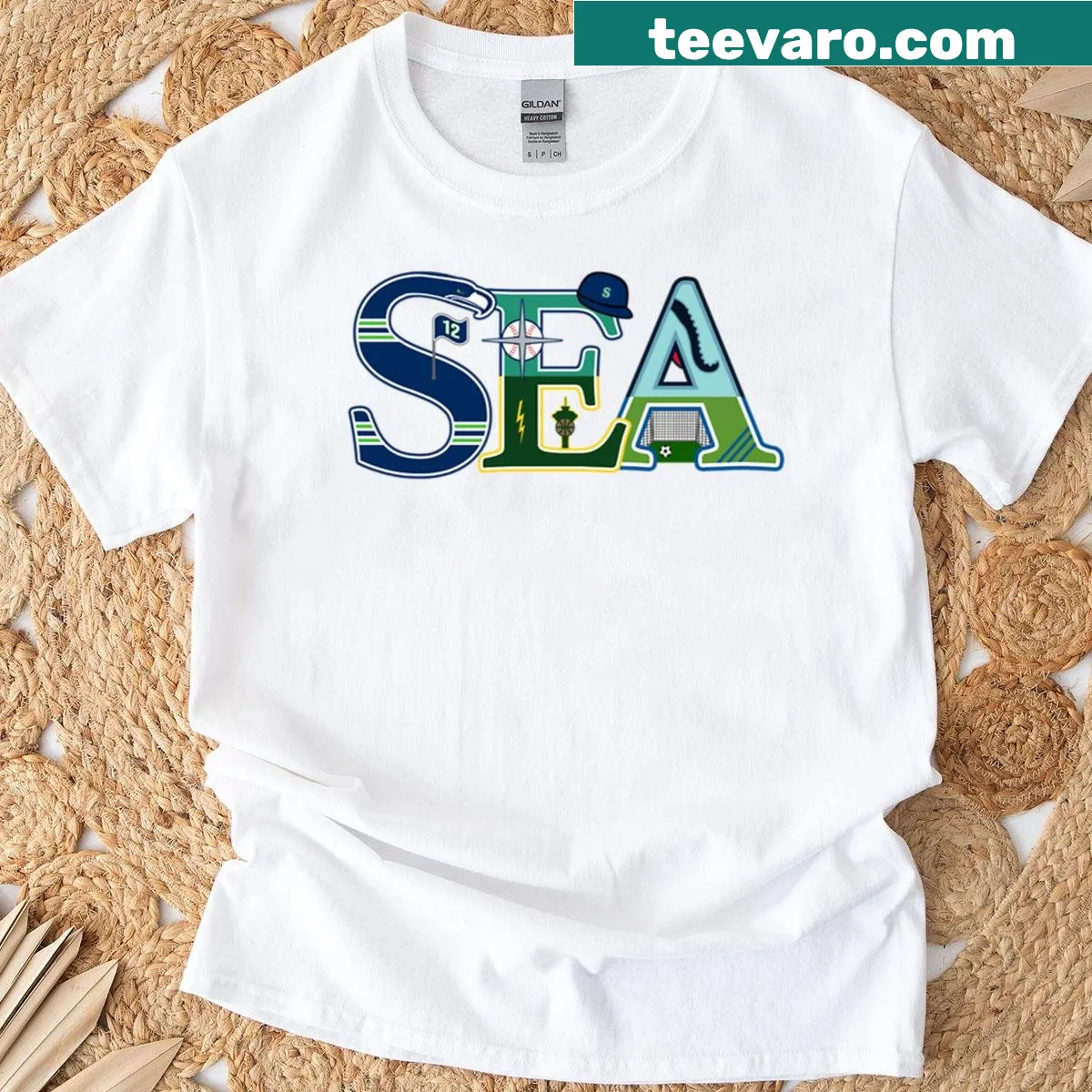 Seattle sports-themed T-shirt with city graphics — on a men's t-shirt