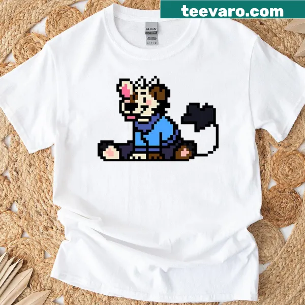 Pixelated dog character sitting illustrated on T-shirt