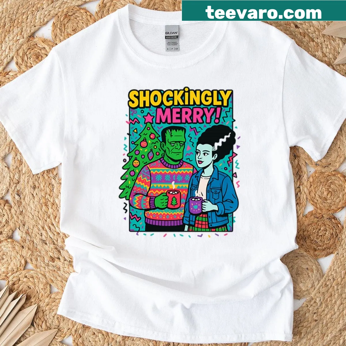 Retro 1990s edition holiday T-shirt with playful graphics — on a men's t-shirt