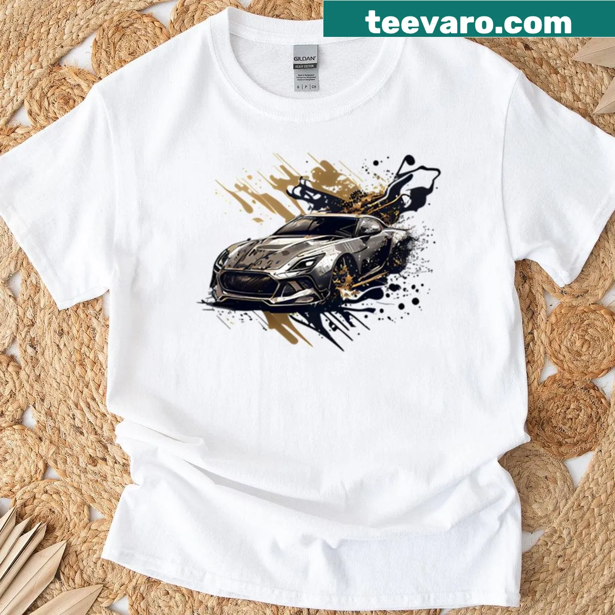 Illustration of a silver sports car with black and gold details — on a men's t-shirt