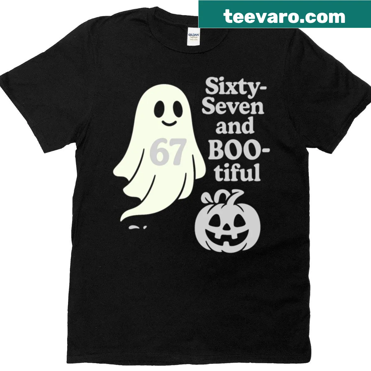 Cute ghost design with the text 'Sixty-seven And Boo-tiful' on a Halloween t-shirt — on a men's t-shirt
