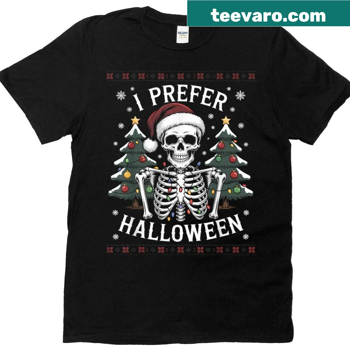 Skeleton wrapped in Christmas lights graphic on a t-shirt — on a men's t-shirt