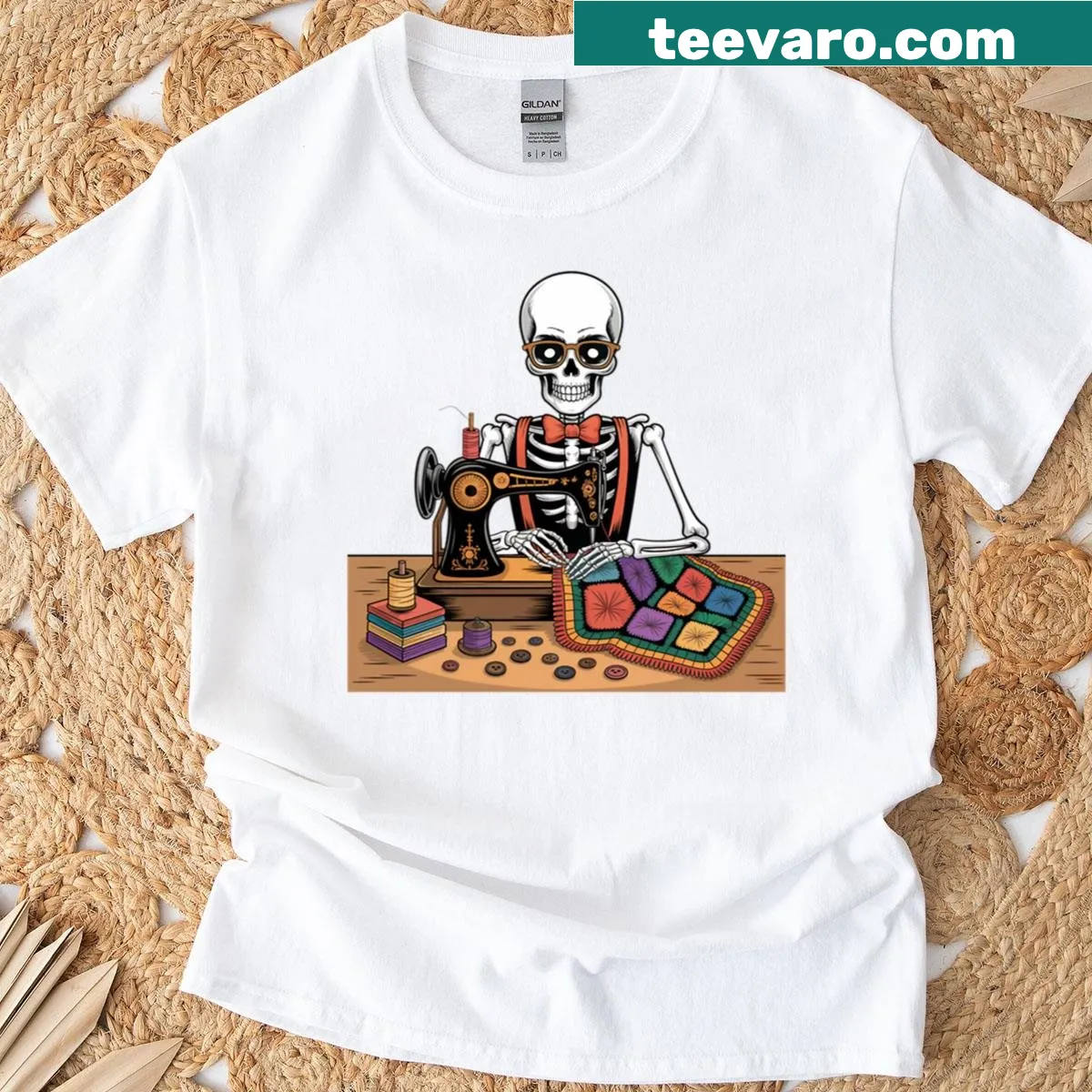 Skeleton quilting with colorful patchwork on T-shirt — on a men's t-shirt