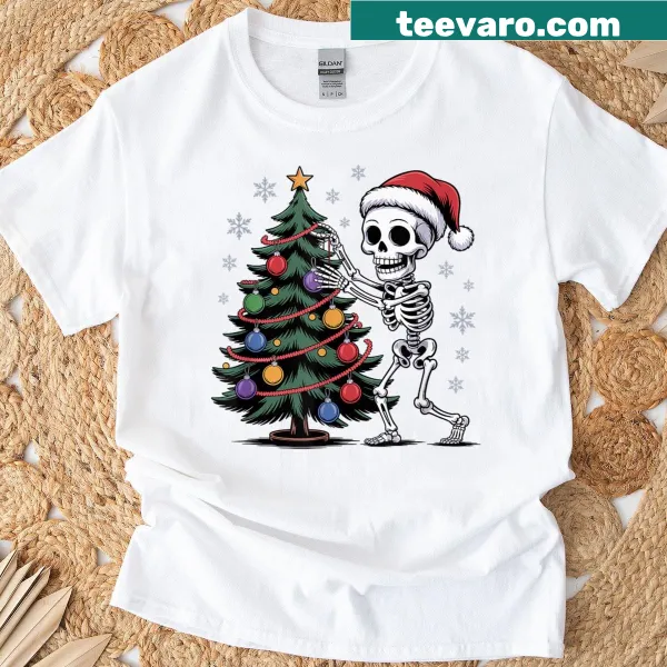 Creepy cute skeleton with Santa hat and Christmas tree on T-shirt