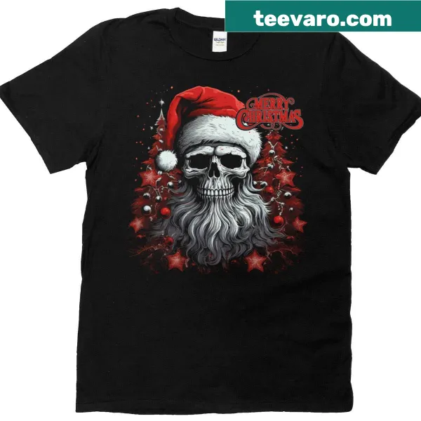 Cartoon skeleton in Santa hat graphic on a holiday t-shirt