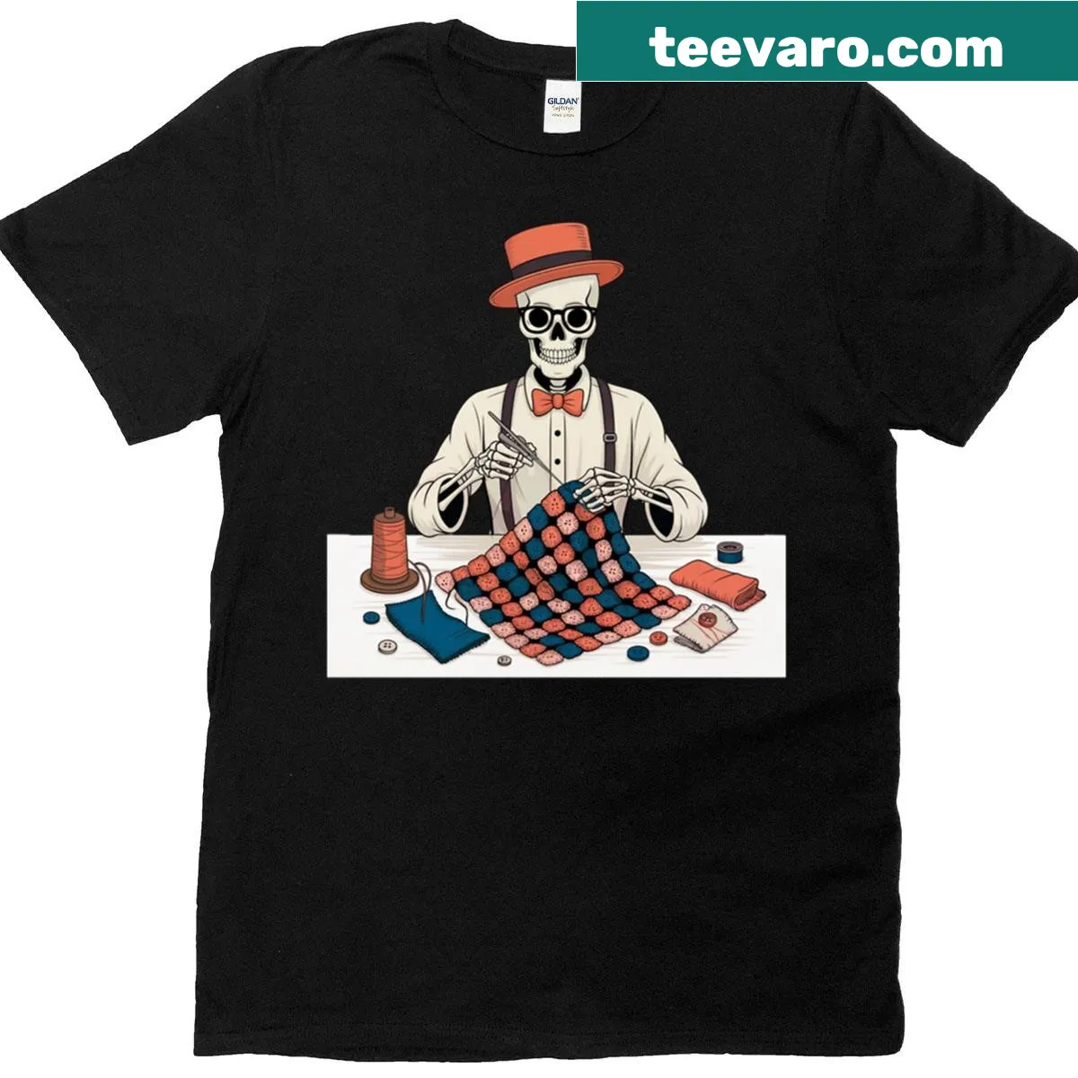 Skeleton crafting with yarn and patches in a humorous illustration — on a men's t-shirt