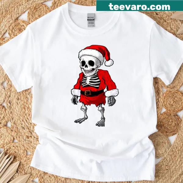 Adorable skeletons in festive attire on Christmas T-shirt