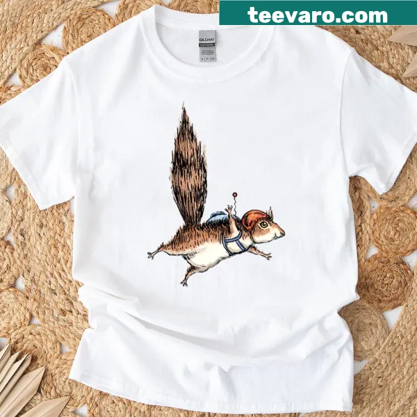 Cartoon squirrel skydiving illustration on T-shirt