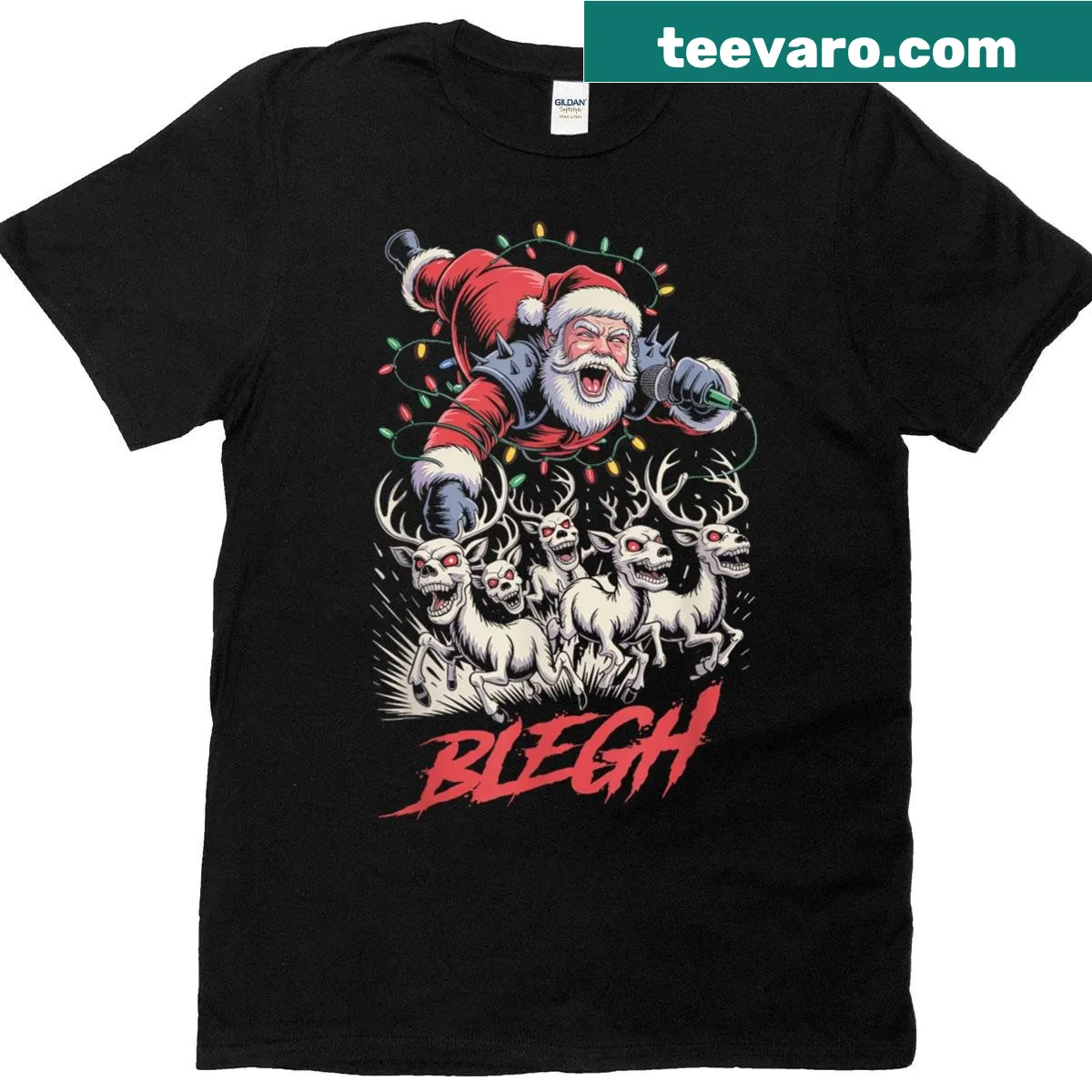 Edgy Christmas tee with metal music theme — on a men's t-shirt