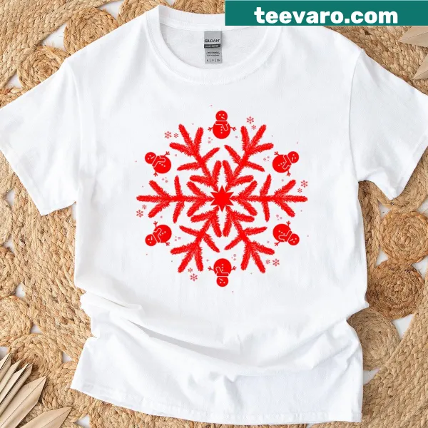 Cute snowman graphic surrounded by snowflakes on a T-shirt