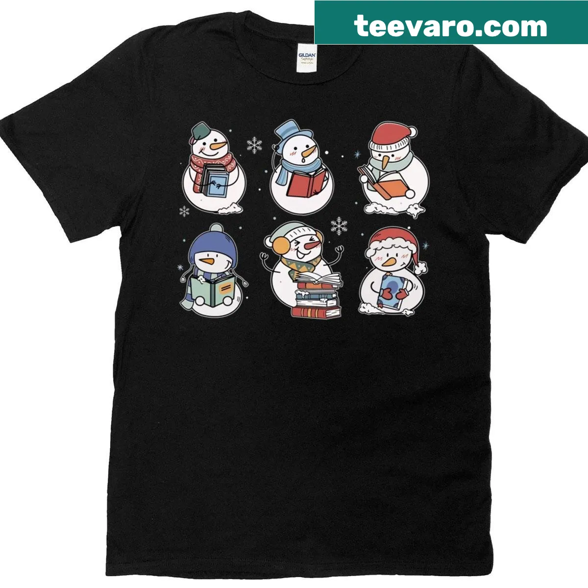 Christmas t-shirt featuring a snowman reading a book. — on a men's t-shirt
