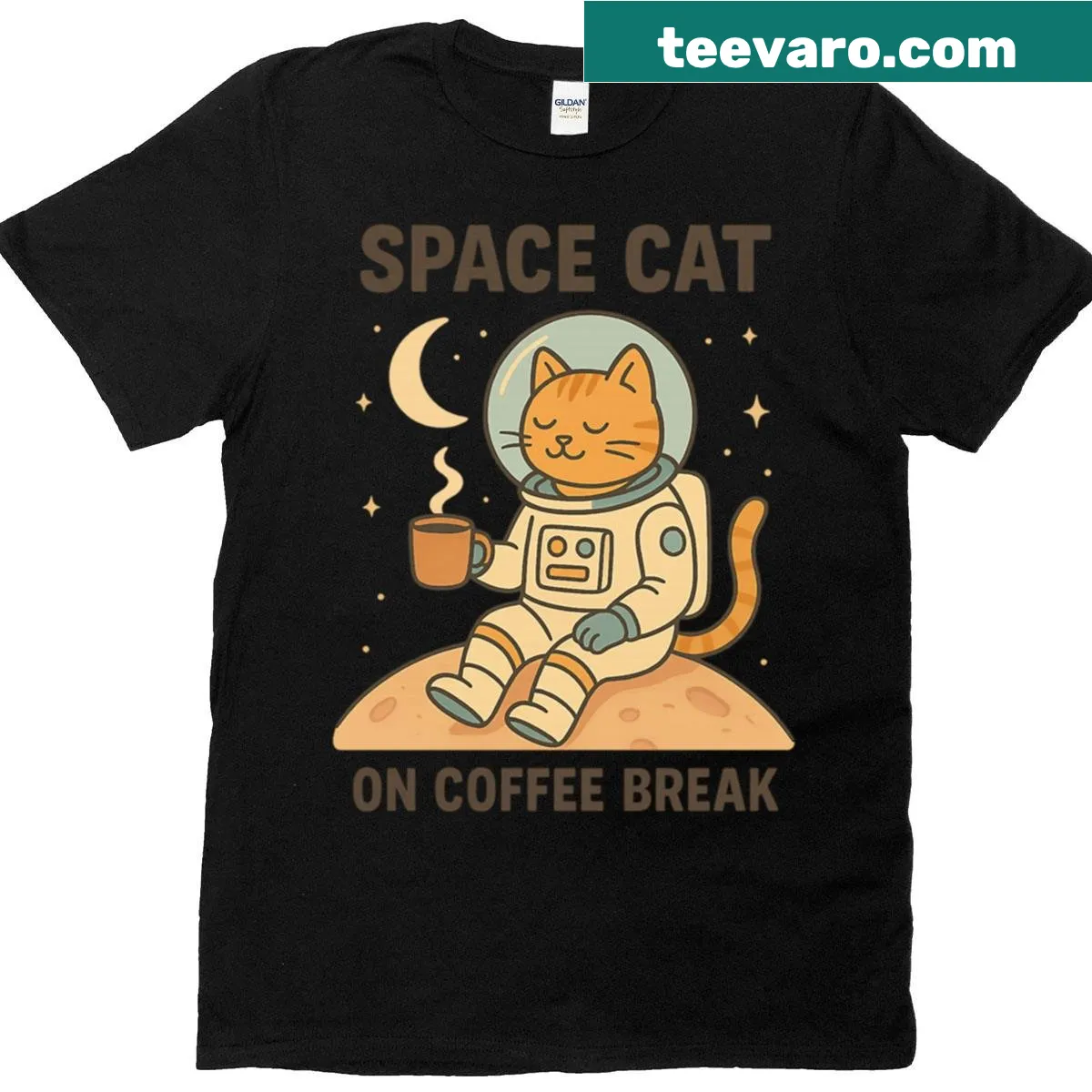 Oversized T-shirt featuring a retro design of a cat in space enjoying coffee. — on a men's t-shirt