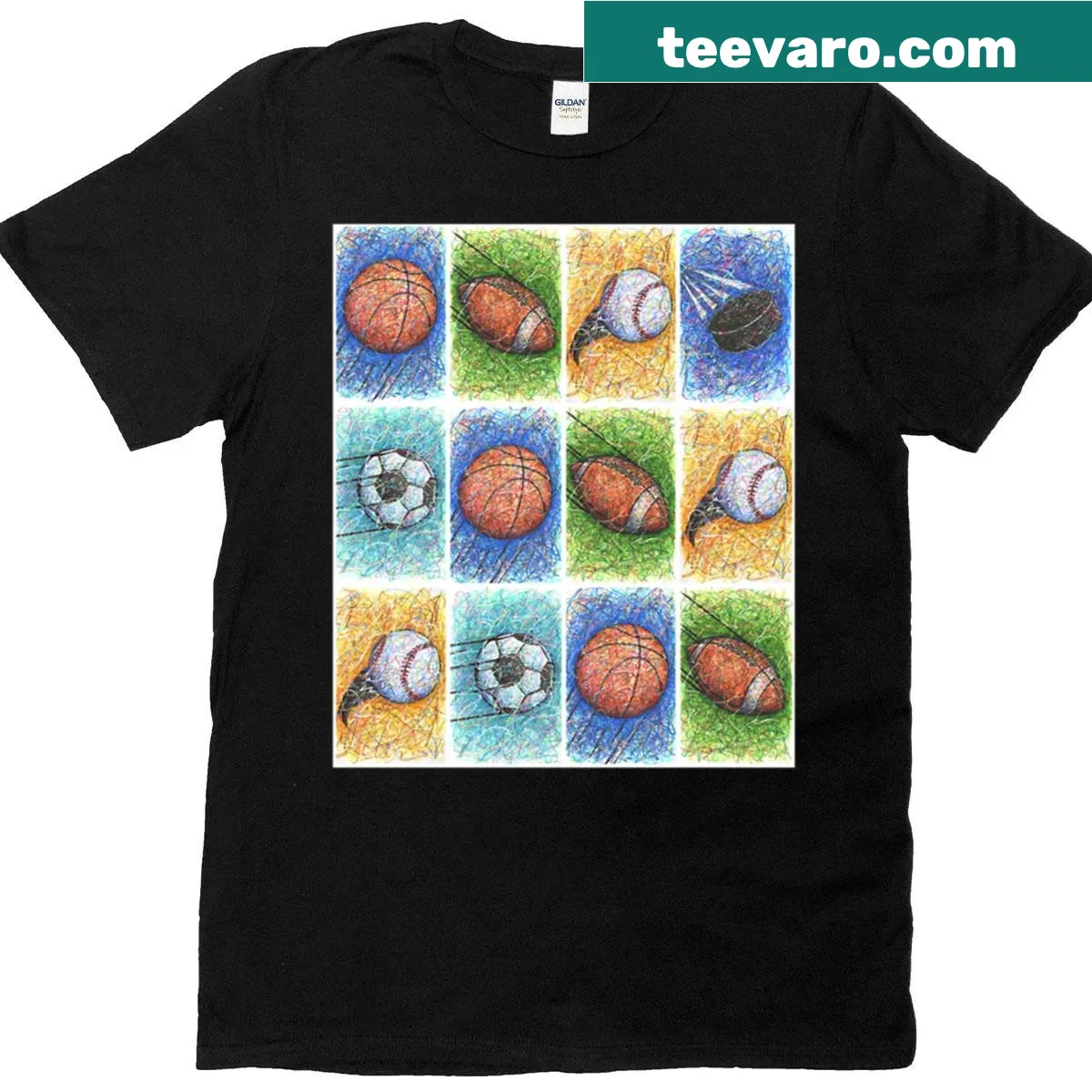 Oversized T-shirt with a graphic of various sports balls — on a men's t-shirt