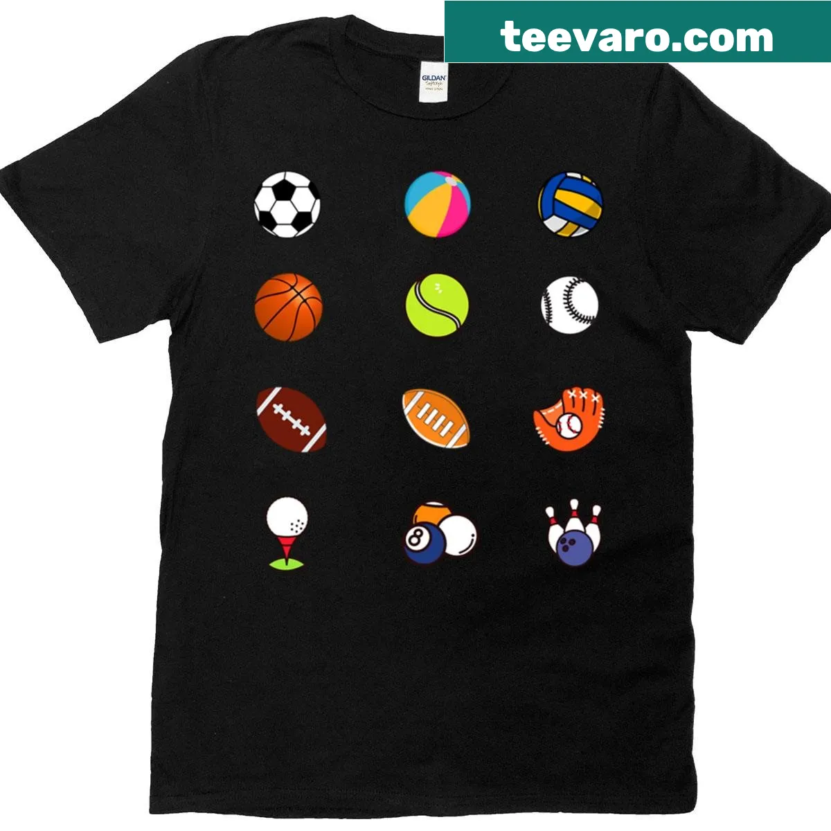 T-shirt featuring a graphic of different sports balls — on a men's t-shirt