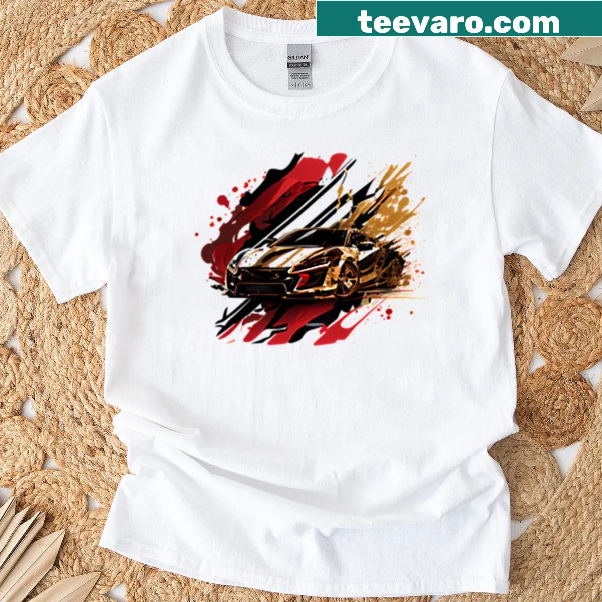 Illustration of a fast sports car in action on a T-shirt — on a men's t-shirt