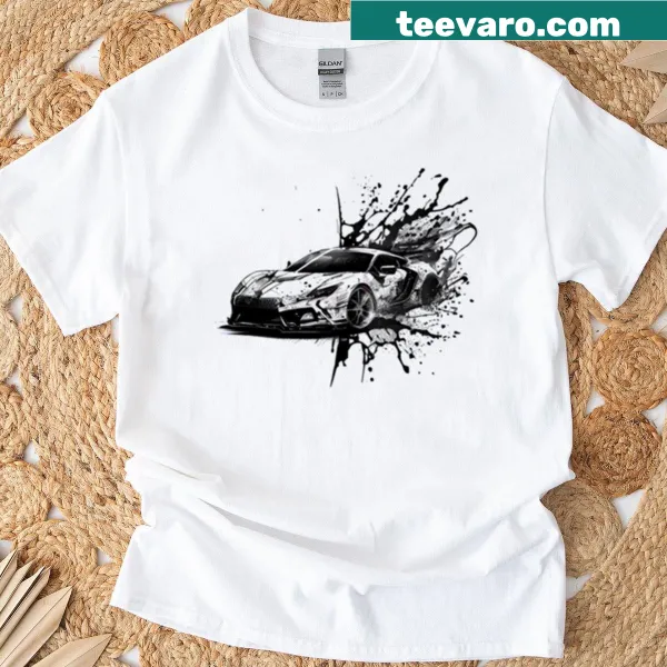 Ink splatter design featuring a sports car
