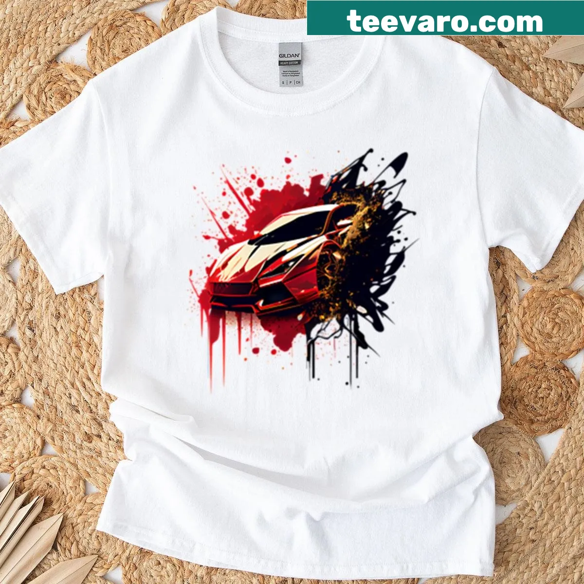 Illustration of a sports car in red, black, and gold on a t-shirt — on a men's t-shirt