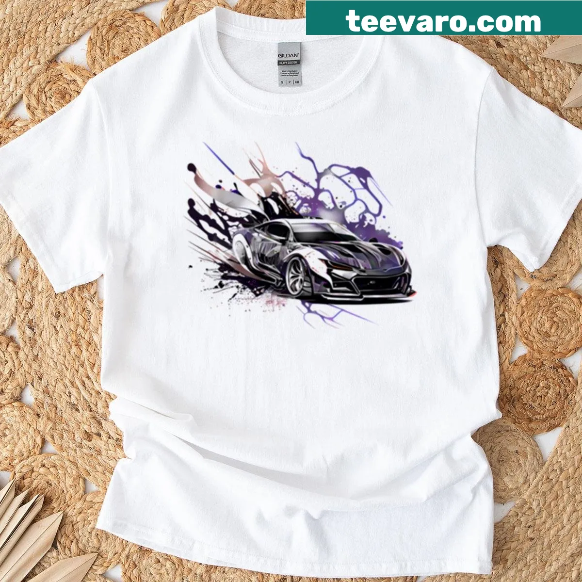 Illustration of a sports car in purple, silver, and gold on a T-shirt — on a men's t-shirt