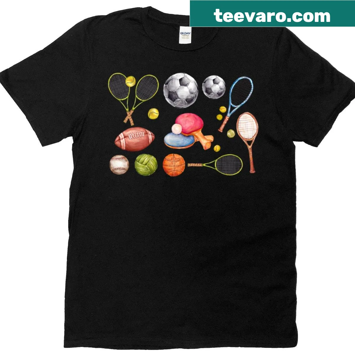 Sports equipment graphic T-shirt featuring various sports gear. — on a men's t-shirt