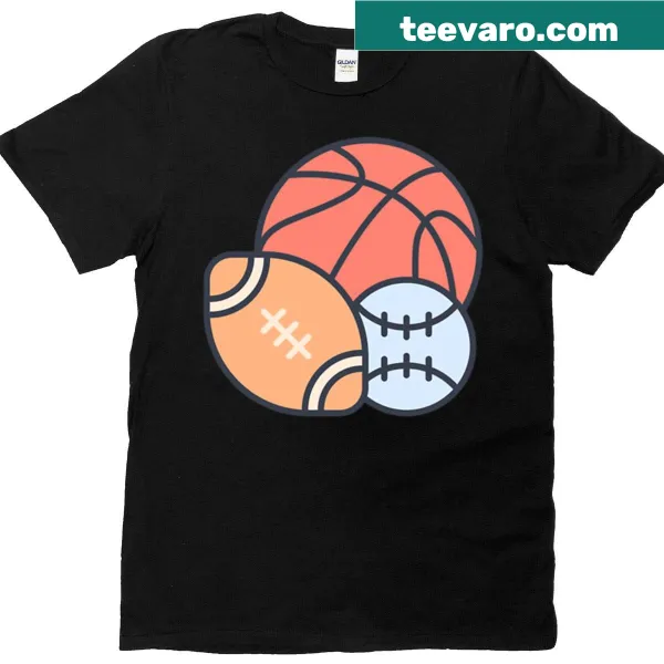 Sticker-style graphic t-shirt featuring three sports symbols