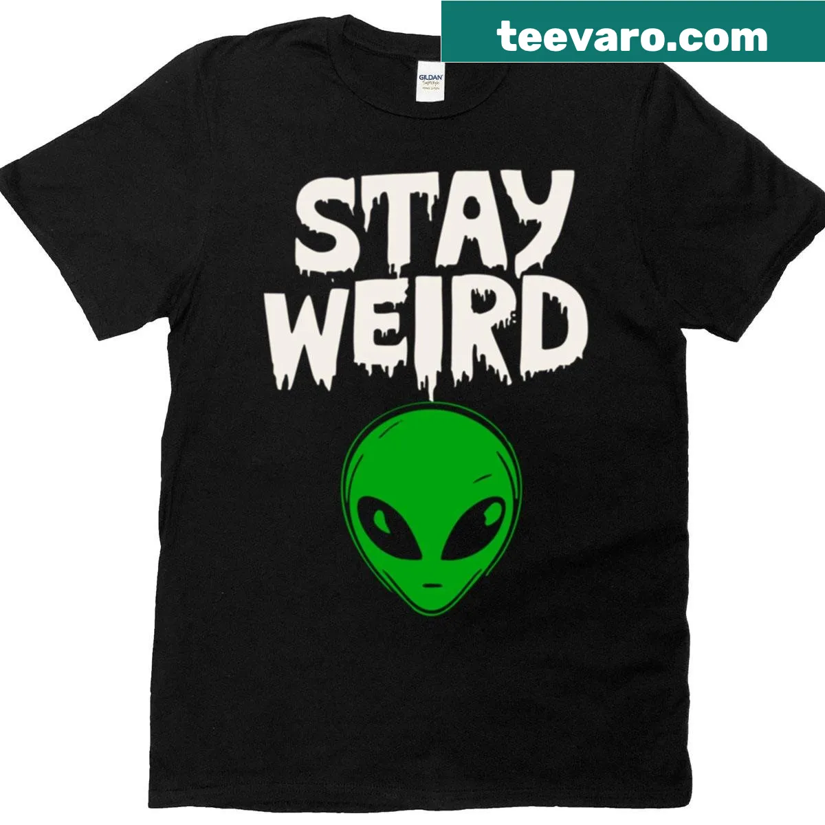 'Stay Weird' slogan with an alien graphic design — on a men's t-shirt