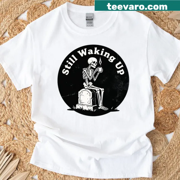 Minimalist vintage t-shirt with skeleton coffee art and dark humor