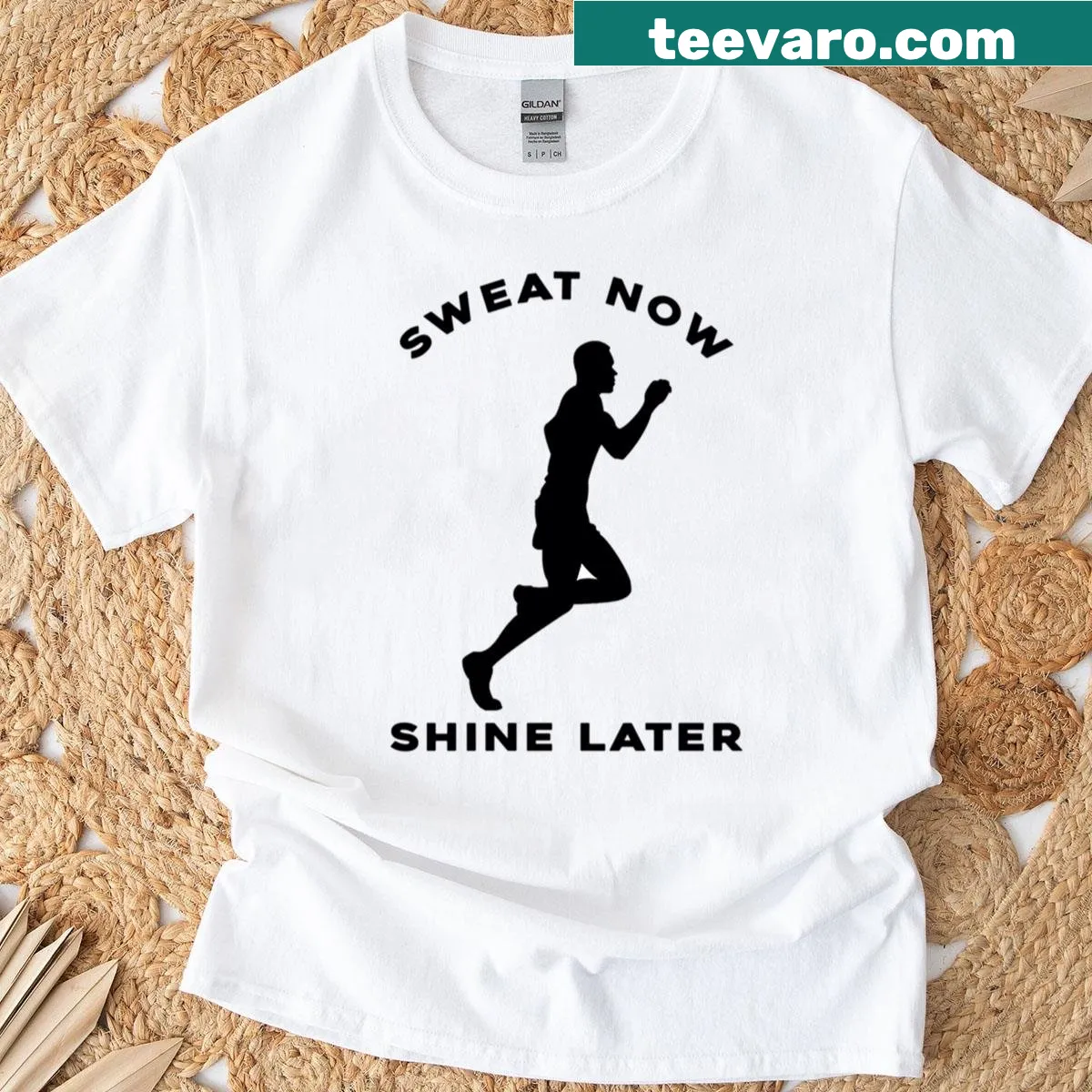 Oversized T-shirt with motivational 'Sweat Now Shine Later' text. — on a men's t-shirt