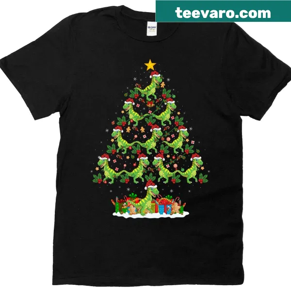 Funny dinosaur T-shirt with T-rex in Santa hat and Christmas lights