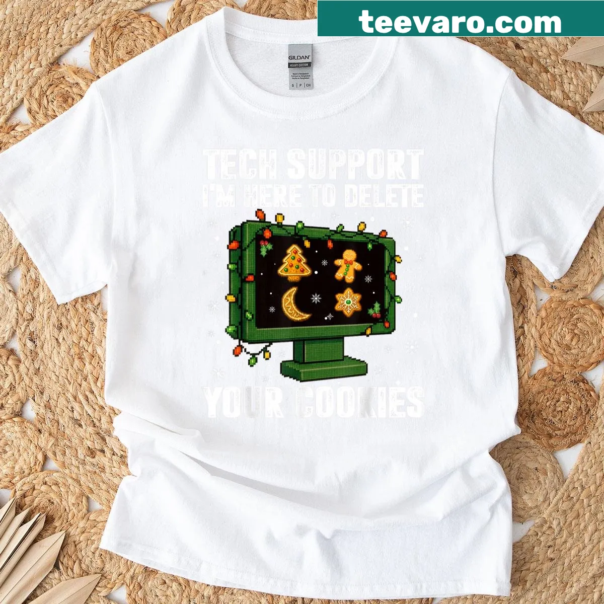 Funny Christmas t-shirt with tech support humor about cookies — on a men's t-shirt