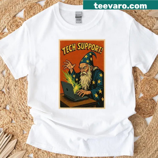 Retro badge-emblem t-shirt for tech support professionals with a wizard theme