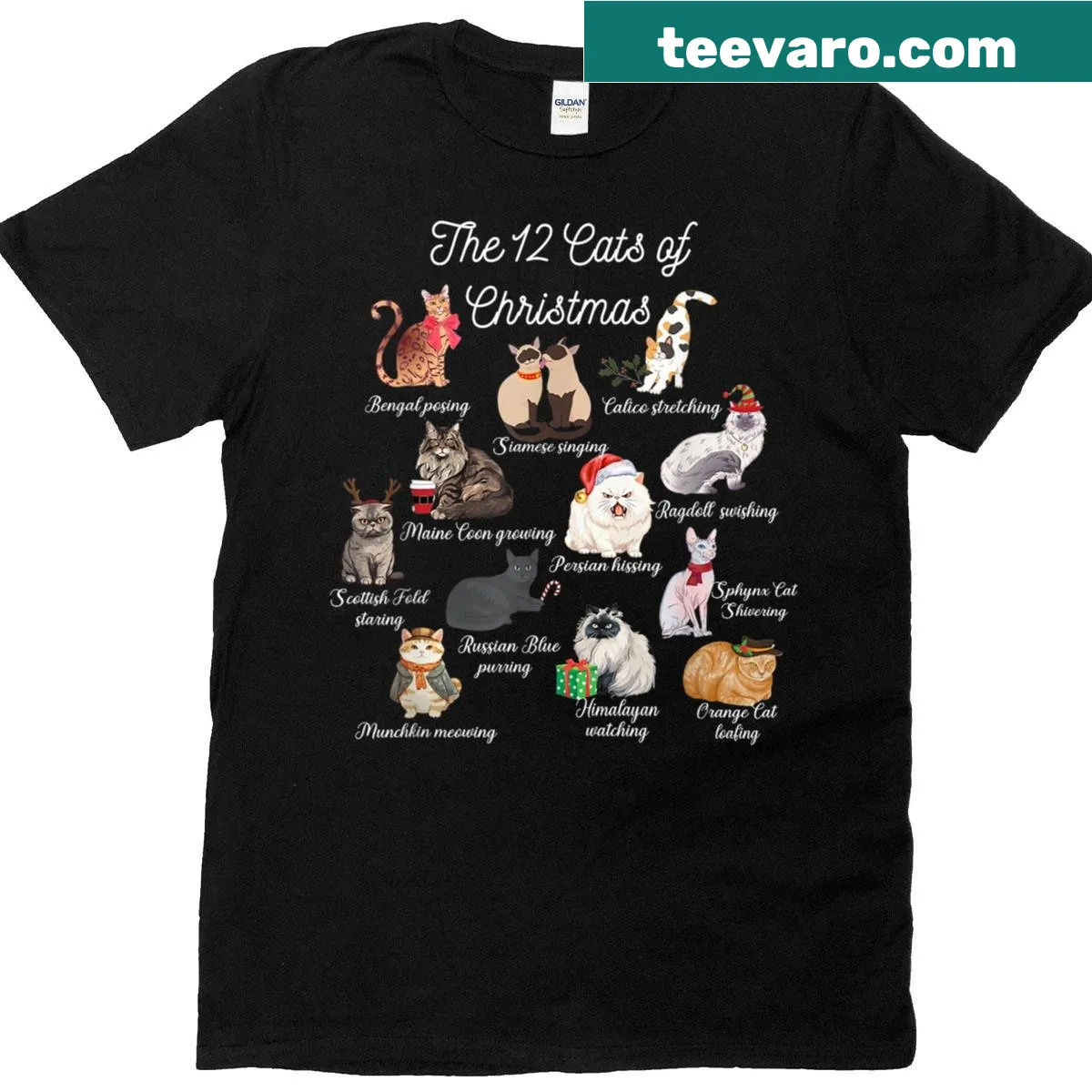 Cute Christmas T-shirt featuring twelve illustrated cats — on a men's t-shirt