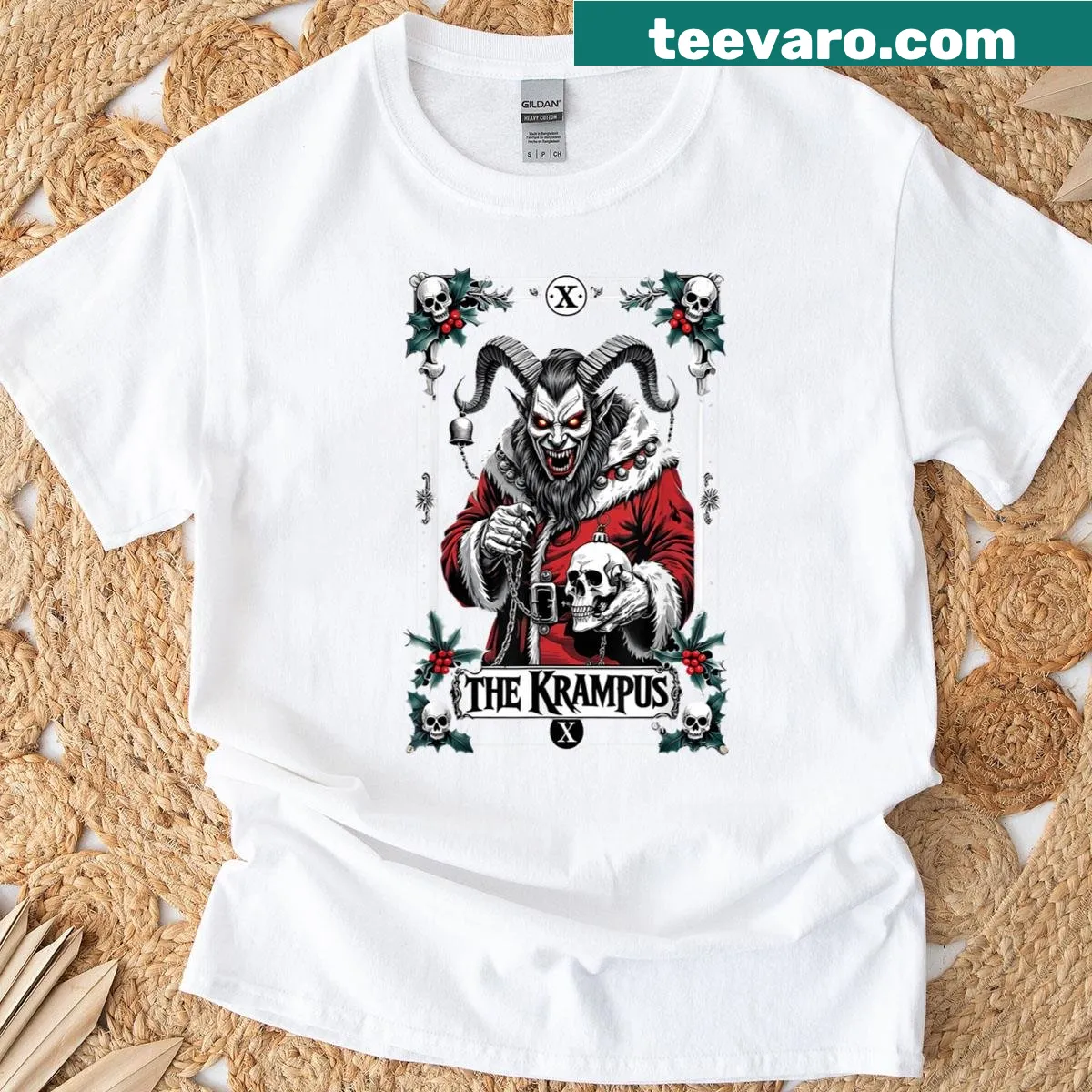 Gothic Christmas t-shirt featuring a Krampus tarot card — on a men's t-shirt
