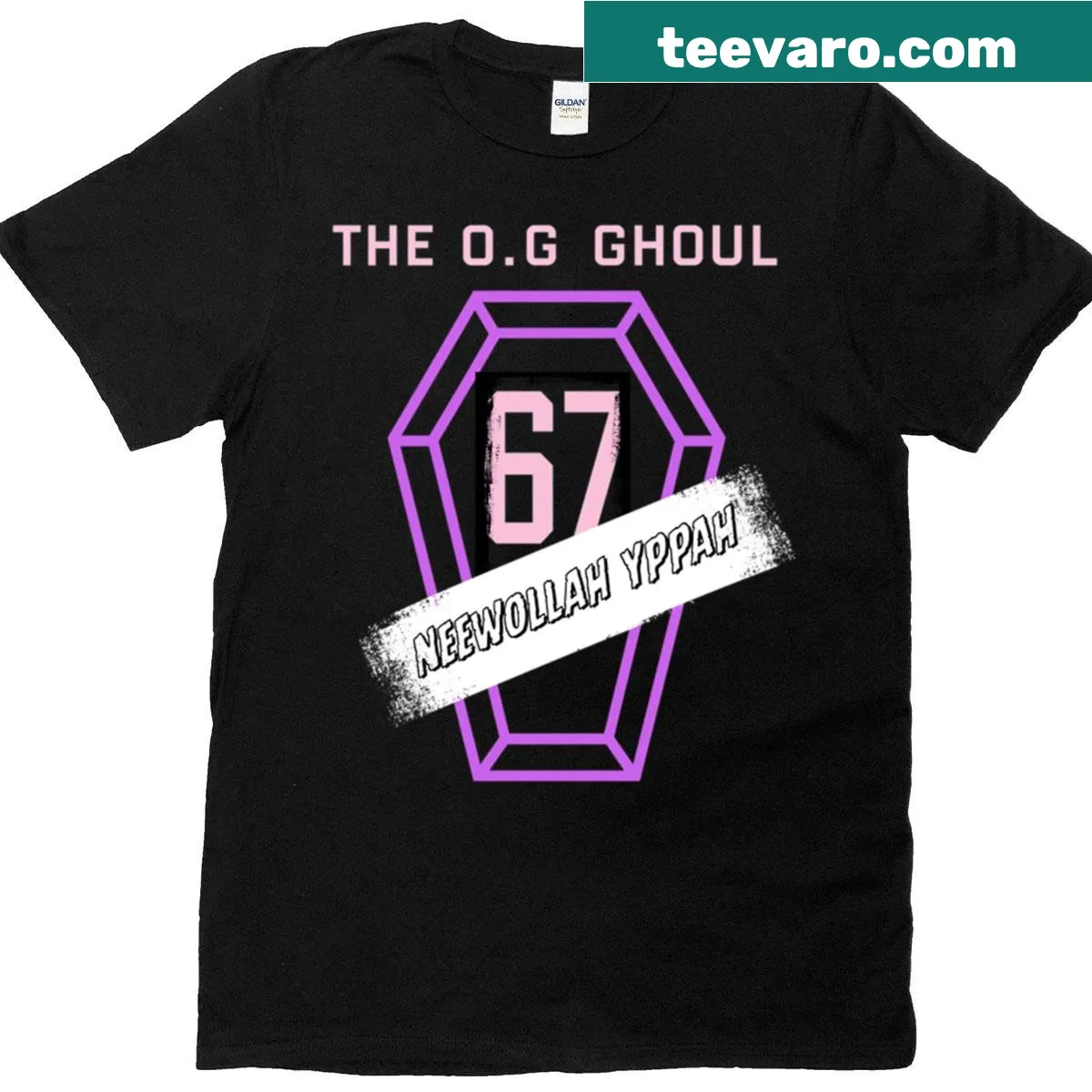 Funny Halloween coffin design oversized t-shirt with cartoon ghoul — on a men's t-shirt