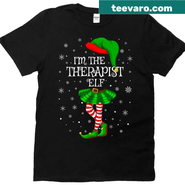 Christmas t-shirt featuring a whimsical therapist elf illustration for women and girls.