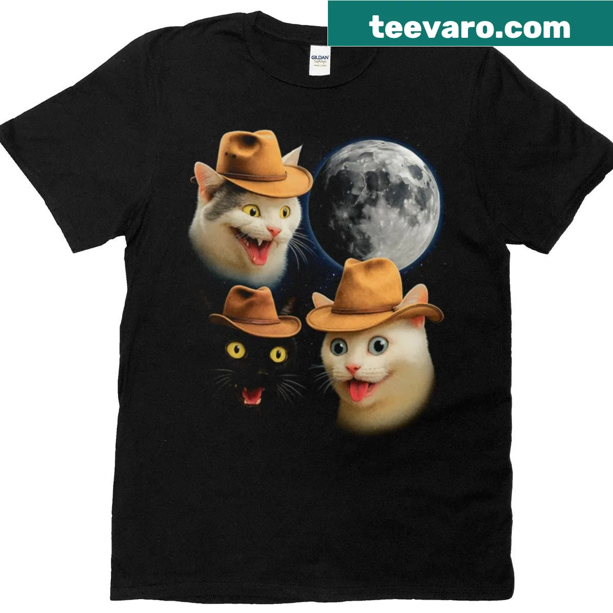 Three cartoon cowboy cats graphic on a humorous t-shirt — on a men's t-shirt