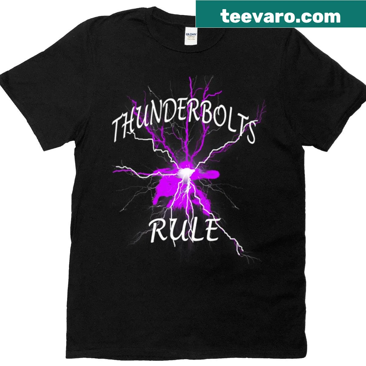 Bold Thunderbolts Rule sports t-shirt with dynamic graphic — on a men's t-shirt