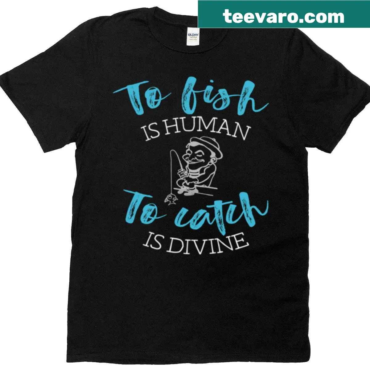 Illustrated T-shirt with humorous fishing motto and graphics — on a men's t-shirt