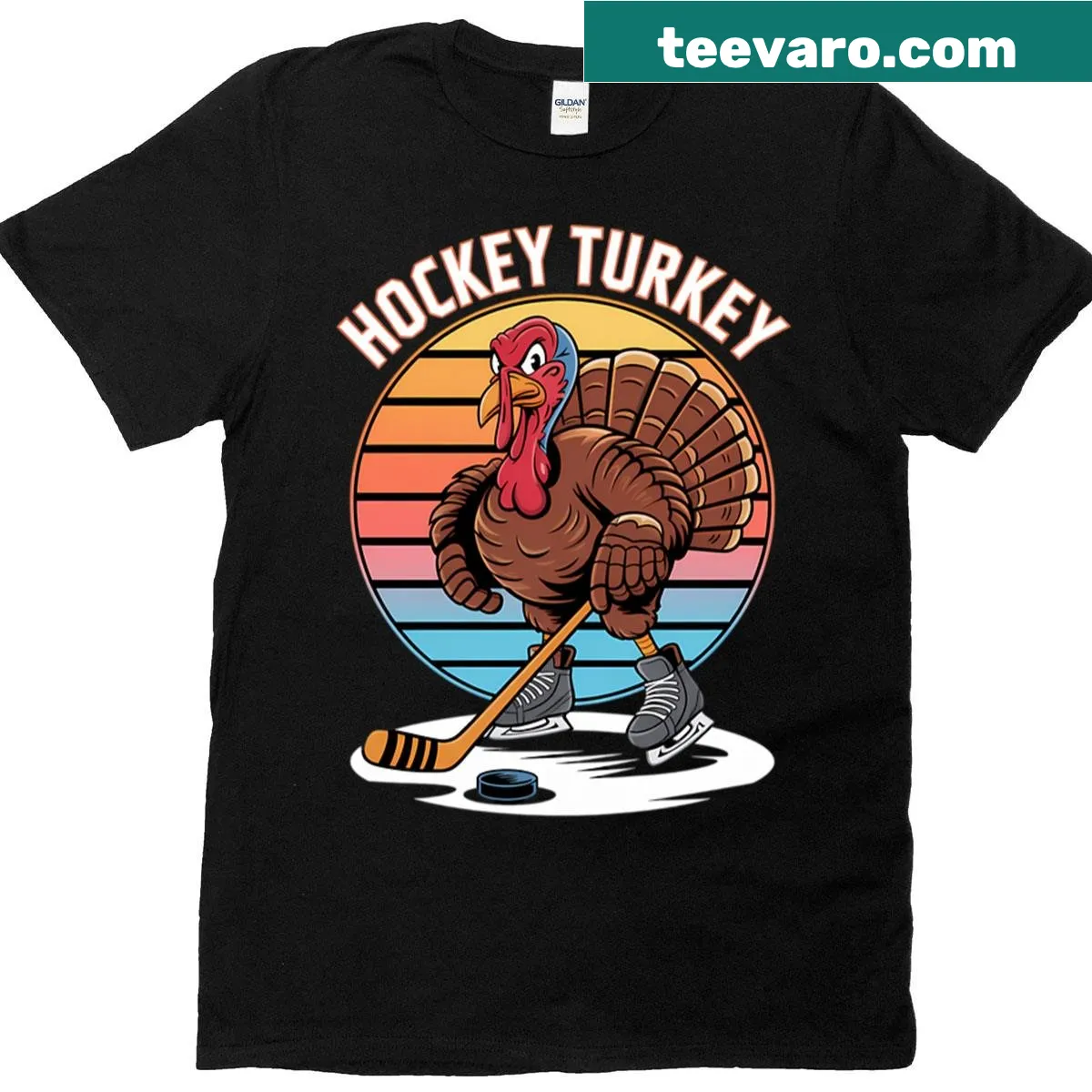 Vintage Turkey playing ice hockey on a Thanksgiving t-shirt — on a men's t-shirt