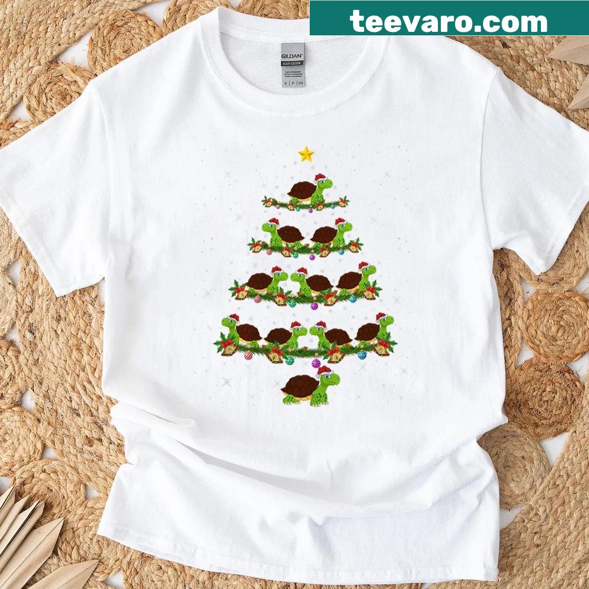 Funny turtle Santa Christmas T-shirt with lights illustration — on a men's t-shirt