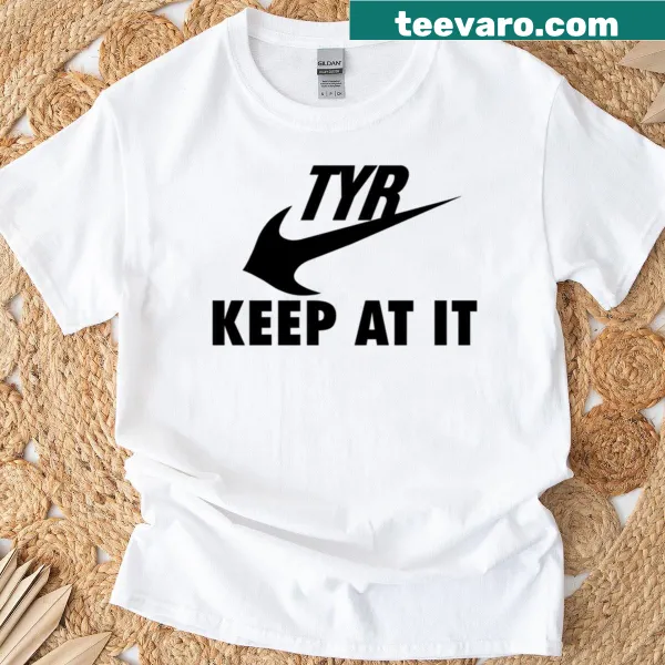 Parody logo t-shirt with 'Tyr Keep At It' text