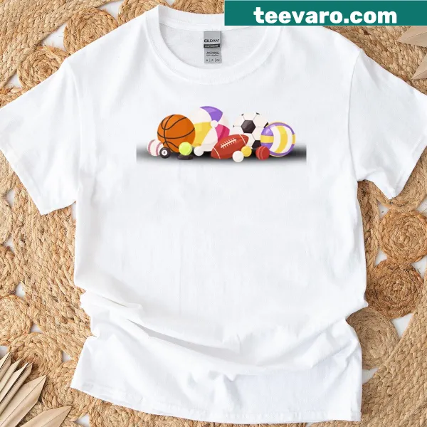 T-shirt showcasing various sports icons including football and basketball