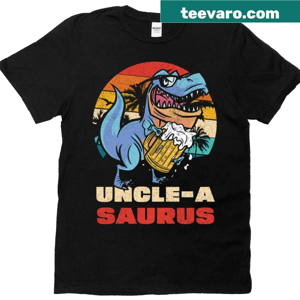 Oversized shirt with a cartoon dinosaur holding a beer mug at sunset. — on a men's t-shirt