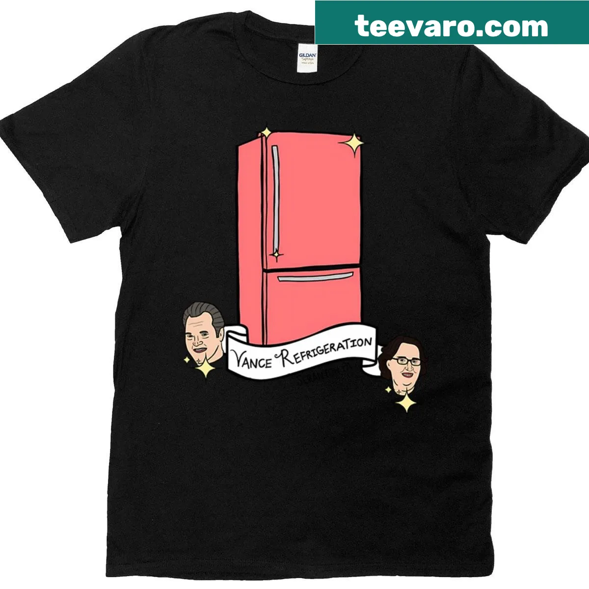Oversized T-shirt featuring Vance Refrigeration logo — on a men's t-shirt