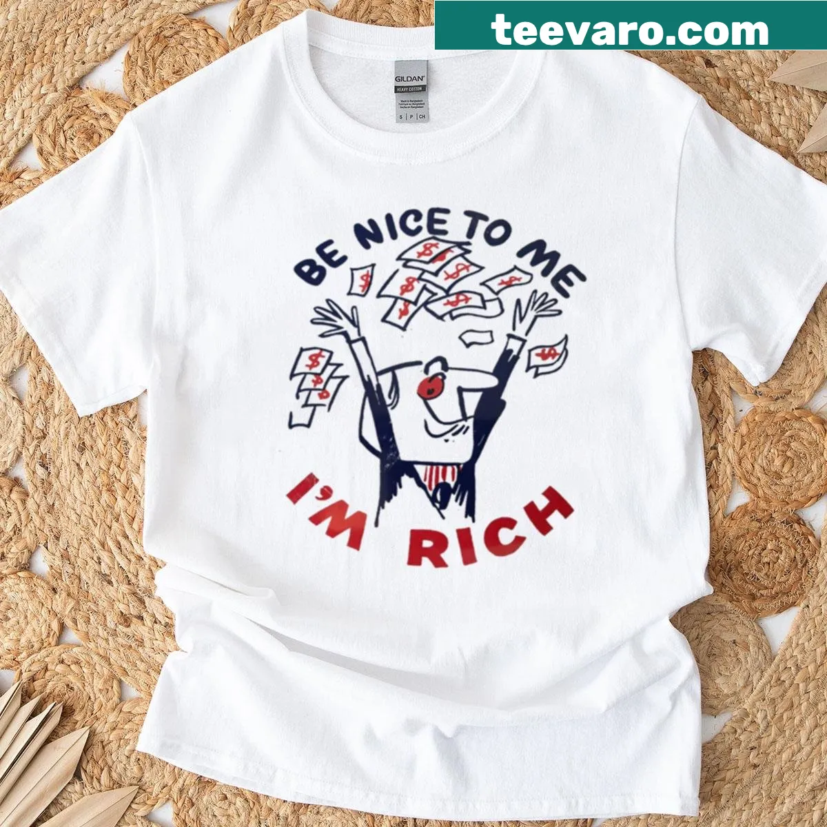 Vintage distressed t-shirt with the phrase 'Be Nice To Me I'm Rich' — on a men's t-shirt