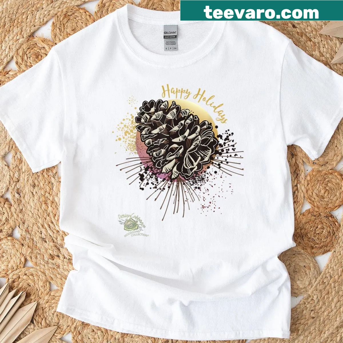 Vintage pine cone art on a Christmas-themed T-shirt. — on a men's t-shirt