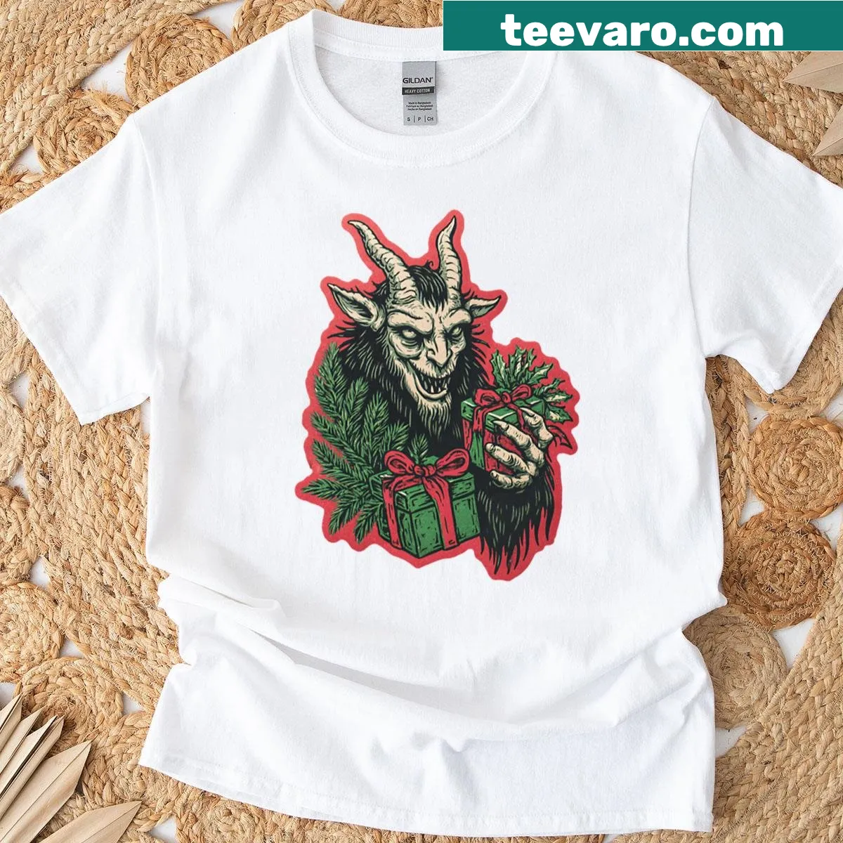 Illustration of Krampus with gifts on an oversized Christmas shirt — on a men's t-shirt