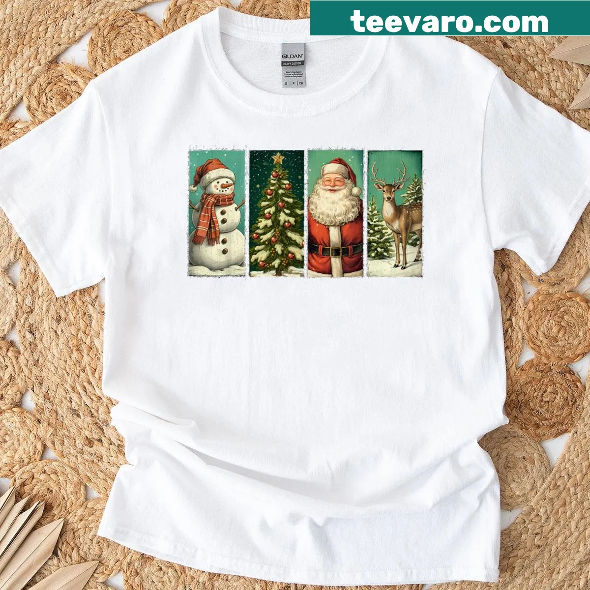 Vintage Christmas T-shirt with snowman, tree, Santa, and deer design — on a men's t-shirt