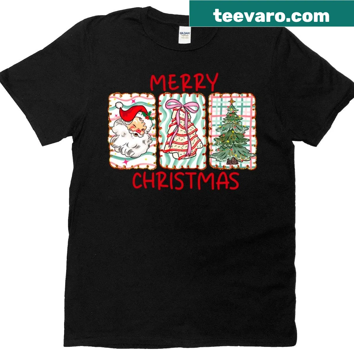 Vintage Santa and Christmas tree graphic t-shirt — on a men's t-shirt