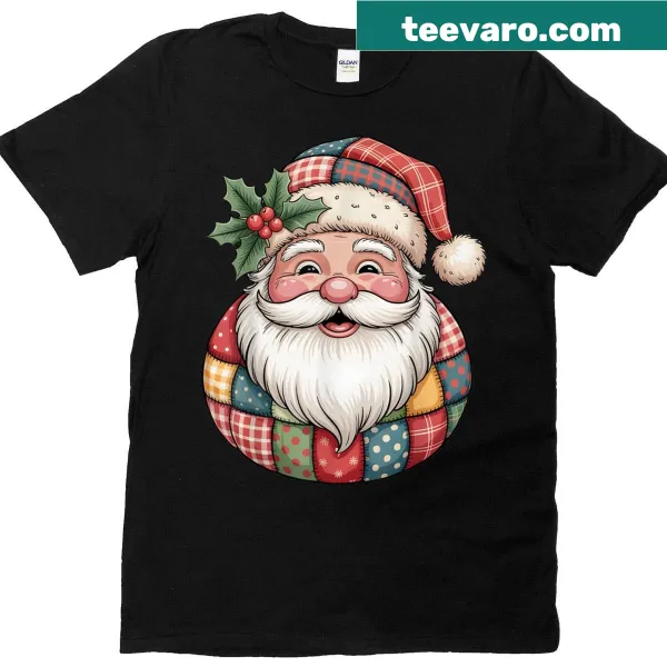 Cozy vintage Santa Claus holiday t-shirt with patchwork design