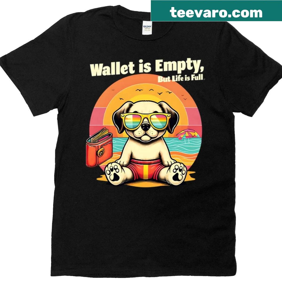 Funny dog-themed retro shirt with sunset and positive vibes text — on a men's t-shirt